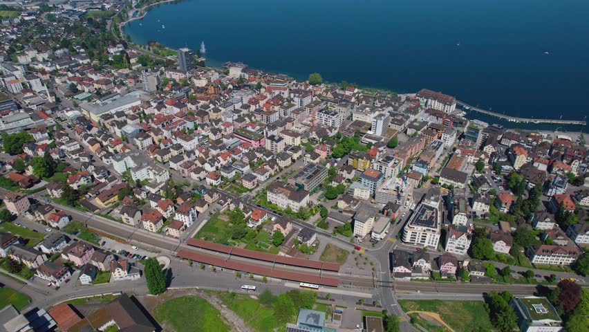 An aerial view of the old town of the city Rorschach in Switzerland  beside lake constance on a sunny day in summer