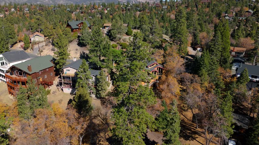 Aerial View of Mountain Cabins Among Forest in Big Bear California