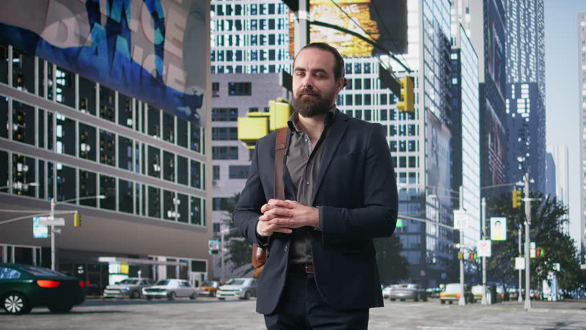 Timelapse portrait of businessman with a backpack standing on busy crowded street in city center, big crowd of diverse pedestrians walking across metropolitan business district.