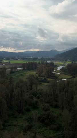 Aerial View of a Serene River Winding Through a Green Valley in British Columbia, Canada