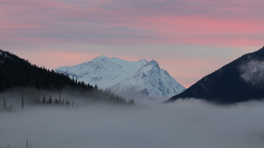 Majestic Snow-Capped Mountains and Pine Forests Rise Above Fog at Sunset in British Columbia, Canada