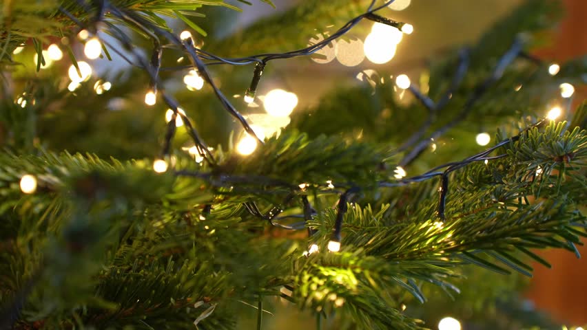 Close-up of evergreen Christmas tree branches wrapped with warm white fairy lights and visible wire, creating a cozy festive home decoration look.