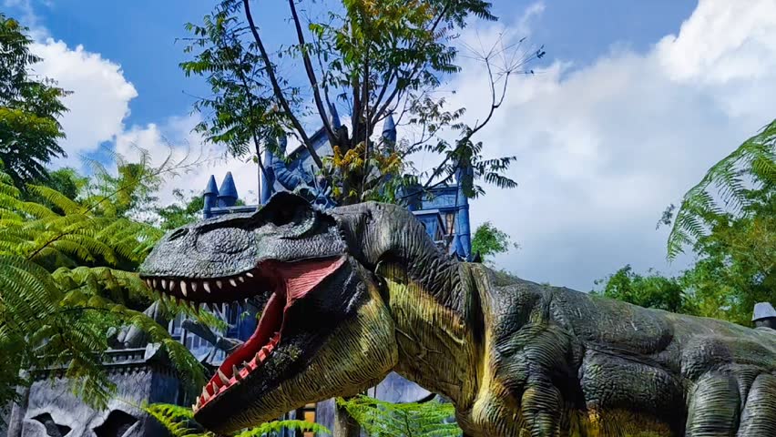 Realistic Tyrannosaurus rex dinosaur robot with open mouth displayed in a theme park surrounded by tropical greenery.