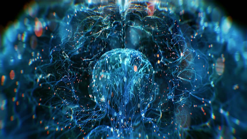 Abstract Visualization of Active Neurons Inside Human Brain Representing Intelligence Learning Signals. 3d Advanced Technology In Science Medicine Artificial Intelligence and Cognitive Research 4k
