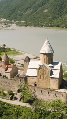 Aerial view of Ananuri Fortress Complex in Georgia. Vertical video