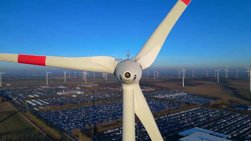 closup of Wind turbine close up with many turbines, solar panels, and a car park in the background under clear blue sky. Great aerial view circle drone footage