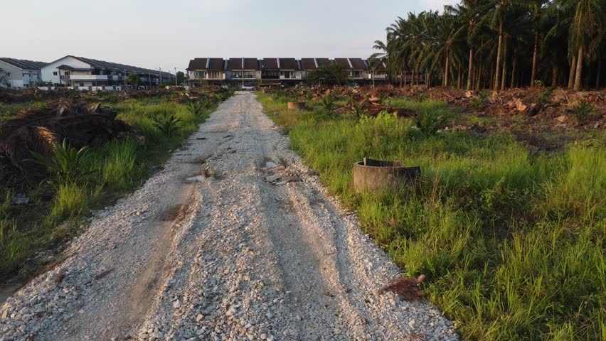 aerial scene of the rural isolated dirt pathway into the plantation.