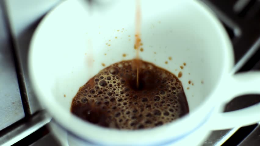 Hot Espresso Pouring From Coffee Machine. Aromatic Morning Drink. Professional Barista Caffeine Beverage Preparation. Energy And Breakfast Routine. Coffee Making Italian Espresso.Black Coffee Espresso