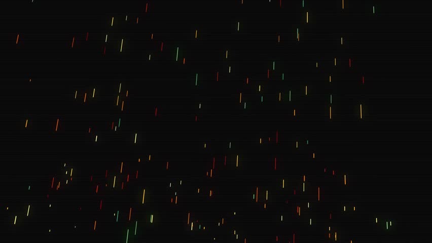 Black background with faint grey horizontal lines populated by scattered short vertical lines in red yellow and green creating a sparse digital rain or data stream effect