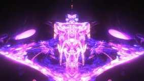 Purple, pink, and blue neon light forms a glowing central core with vertical mirrored symmetry and layered shapes on a dark background, creating repeating structured light geometry for vj loop. - Powered by Shutterstock - Get 15% off with code: PIKWIZARD15
