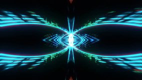 Grid blue cyan light structure combined with digital glitch artifacts showing mirrored vertical symmetry scanlines pixel noise banding distortion and chromatic aberration across dark background forming corrupted signal loop visual. - Powered by Shutterstock - Get 15% off with code: PIKWIZARD15