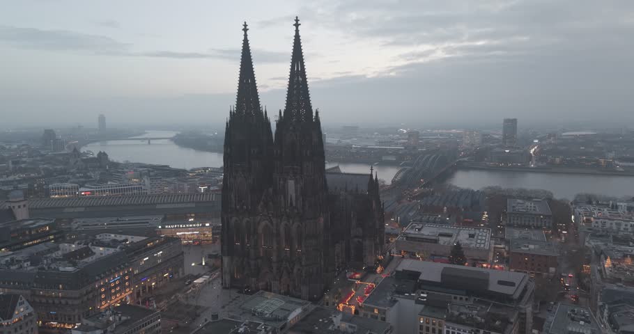 Aerial drone view of Kolner dom in germany. One of the most beautiful cathedrals in the worls at dawn in Koln.