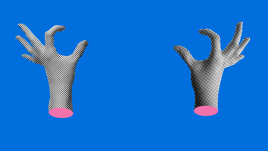 Halftone heart hands. Valentines day animation. Hands showing heart. Sign of love. Symbol of passion and freedom. Beating heart. Сouple forms a heart. Collage animation