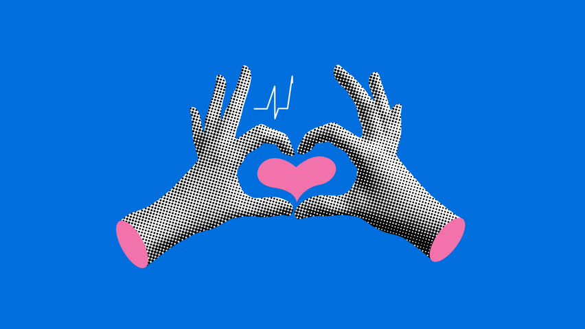 Halftone heart hands. Valentines day animation. Hands showing heart. Sign of love. Symbol of passion and freedom. Beating heart. Сouple forms a heart. Collage animation