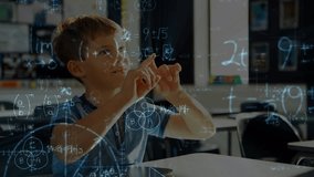 Animation of mathematical equations over caucasian schoolboy in classroom. global education, technology and digital interface concept digitally generated video. - Powered by Shutterstock - Get 15% off with code: PIKWIZARD15
