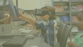 Animation of mathematical equations over diverse schoolchildren using vr headset. global education, technology and digital interface concept digitally generated video. - Powered by Shutterstock - Get 15% off with code: PIKWIZARD15
