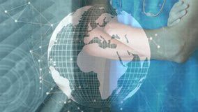 Animation of globe and data processing over business people wearing phone headsets. Global data processing networks connections and digital interface concept digitally generated video. - Powered by Shutterstock - Get 15% off with code: PIKWIZARD15