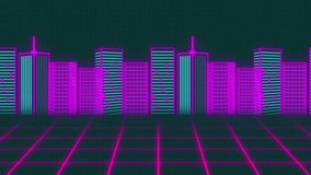 Animation of neon 3d cityscape model over grid network against black background. Computer interface and business technology concept - Powered by Shutterstock - Get 15% off with code: PIKWIZARD15