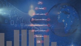 Animation of scope scanning over data processing with globe and dna strand on blue background. Global technology, computing and digital interface concept digitally generated video. - Powered by Shutterstock - Get 15% off with code: PIKWIZARD15