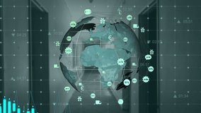 Animation of financial data processing with icons and globe over empty building. Global business, finances and digital interface concept digitally generated video. - Powered by Shutterstock - Get 15% off with code: PIKWIZARD15