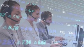 Animation of financial data processing over diverse business people using phone headsets in office. Global business, finance, computing and data processing concept digitally generated video. - Powered by Shutterstock - Get 15% off with code: PIKWIZARD15
