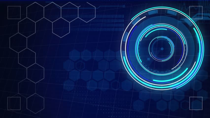 Animation of neon round scanner, hexagonal shapes and data processing against blue background. Computer interface and business technology concept