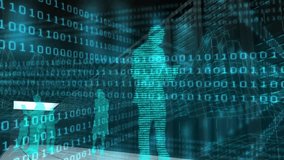 Animation of binary coding data processing over business people on dark background. Global finance, business, connections, computing and data processing concept digitally generated video. - Powered by Shutterstock - Get 15% off with code: PIKWIZARD15