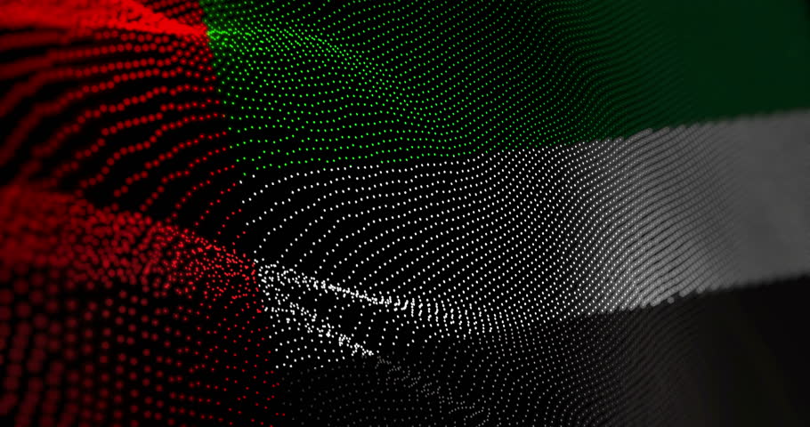 United Arab Emirates flag waving pixel. UAE blowing banner cyber attack hack and security concept animation.