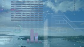 Dashboard loading, charts sliding and maps rising visualizing index trends over calm coastal view. Technology, analytics, data visualization, financial, ocean, tranquility, innovation - Powered by Shutterstock - Get 15% off with code: PIKWIZARD15
