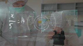 Animation of mathematical equations and scope scanning over diverse scientist in lab cityscape. global science, technology and digital interface concept digitally generated video. - Powered by Shutterstock - Get 15% off with code: PIKWIZARD15