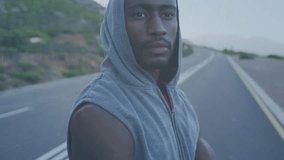 Animation of data processing over african american sports man on road. professional training, sport and healthy lifestyle concept. - Powered by Shutterstock - Get 15% off with code: PIKWIZARD15