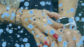 Animation of media icons over caucasian woman using smartwatch. global business and digital interface concept digitally generated video. - Powered by Shutterstock - Get 15% off with code: PIKWIZARD15