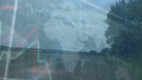 Animation of financial data processing and moving clock over landscape. Global business, finances and digital interface concept digitally generated video. - Powered by Shutterstock - Get 15% off with code: PIKWIZARD15