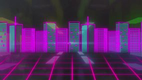 Animation of you win text banner over neon 3d city model against neon shapes in seamless pattern. Video game interface technology concept - Powered by Shutterstock - Get 15% off with code: PIKWIZARD15