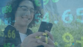 Animation of stock market data processing over man using smartphone outdoors. Global economy and business technology concept - Powered by Shutterstock - Get 15% off with code: PIKWIZARD15