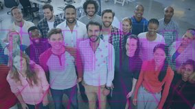 Animation of data processing and globe over team of diverse colleagues smiling together at office. Global networking and business technology concept - Powered by Shutterstock - Get 15% off with code: PIKWIZARD15