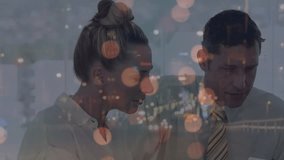 Animation of neon round scanner and spots of light over diverse businesspeople discussing at office. Computer interface and business technology concept - Powered by Shutterstock - Get 15% off with code: PIKWIZARD15