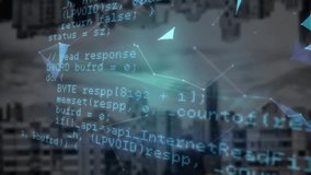 Animation of connected dots and globe over computer programming language on buildings in background. Digitally generated, hologram, coding, machine learning, globalization, communication, technology. - Powered by Shutterstock - Get 15% off with code: PIKWIZARD15