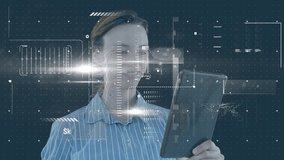 Animation of financial data processing over caucasian businesswoman using tablet on black background. Global business, finances and digital interface concept digitally generated video. - Powered by Shutterstock - Get 15% off with code: PIKWIZARD15