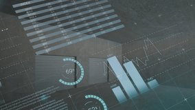 Animation of financial data processing over empty office. Global business, finances, computing and data processing concept digitally generated video. - Powered by Shutterstock - Get 15% off with code: PIKWIZARD15