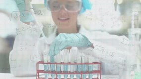 Animation of mathematical equations over caucasian female scientist working at laboratory. Medical research and science technology concept - Powered by Shutterstock - Get 15% off with code: PIKWIZARD15