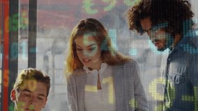 Animation of stock market data processing against diverse colleagues discussing at office. Global economy and business technology concept - Powered by Shutterstock - Get 15% off with code: PIKWIZARD15