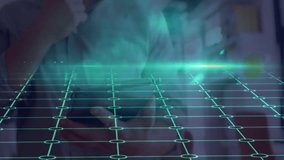 Man using stylus on tablet in office, interacting with neon teal grid overlay in technology scene. Technology, innovation, data, digital, interface, connectivity, futuristic - Powered by Shutterstock - Get 15% off with code: PIKWIZARD15