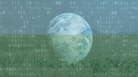 Digital globe hovering above wind turbine field, overlaying binary code plus rising stock charts. Sustainability, renewable, technology, innovation, environmental, data visualization, digital - Powered by Shutterstock - Get 15% off with code: PIKWIZARD15