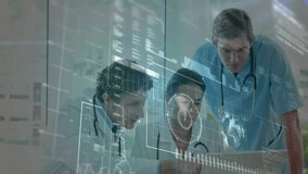 Medical team examining laptop data in clinical office, overlaying holographic charts and graphs. Healthcare, innovation, technology, collaboration, diagnostics, professionalism, modern - Powered by Shutterstock - Get 15% off with code: PIKWIZARD15
