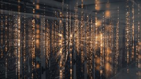 Golden data streams starting in server rack aisle forming pulsating glow showing data flow. Futuristic, technology, digital, abstract, network, cyber, vibrant - Powered by Shutterstock - Get 15% off with code: PIKWIZARD15