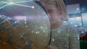 Animation of network of connections over happy caucasian girl with globe at school. learning geography, education, connections and technology concept digitally generated video. - Powered by Shutterstock - Get 15% off with code: PIKWIZARD15