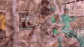 Animation of covid 19 cells over diverse surgeons in face masks. global covid 19 pandemic, medicine and healthcare services concept digitally generated video. - Powered by Shutterstock - Get 15% off with code: PIKWIZARD15