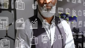Multiple digital icons over african american senior man wearing vr headset at office. Digital interface and futuristic technology concept - Powered by Shutterstock - Get 15% off with code: PIKWIZARD15