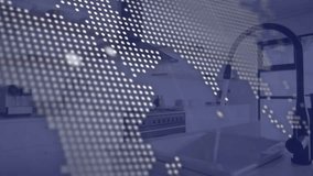 Animation of world map and data processing over kitchen. Global interior design and real estate concept digitally generated video. - Powered by Shutterstock - Get 15% off with code: PIKWIZARD15